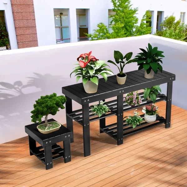Banc à Chaussures 2 en 1 avec Tabouret Encastrable pour L’entrée 2 Étagères en Bambou Naturel 85x28x455cm Noir