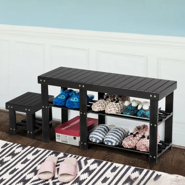 Banc à Chaussures 2 en 1 avec Tabouret Encastrable pour L’entrée 2 Étagères en Bambou Naturel 85x28x455cm Noir