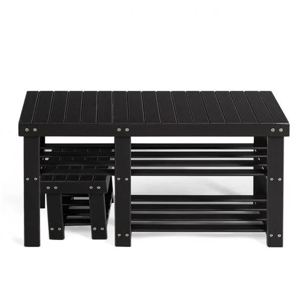 Banc à Chaussures 2 en 1 avec Tabouret Encastrable pour L’entrée 2 Étagères en Bambou Naturel 85x28x455cm Noir