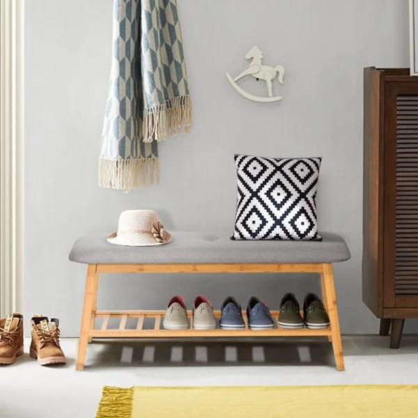 Banc à Chaussures Confortable pour Entrée Salon Capacité 150 kg en Bambou et Polyester 100x31x45cm Gris + Naturel