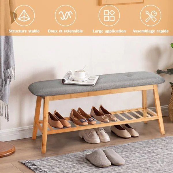 Banc à Chaussures Confortable pour Entrée Salon Capacité 150 kg en Bambou et Polyester 100x31x45cm Gris + Naturel