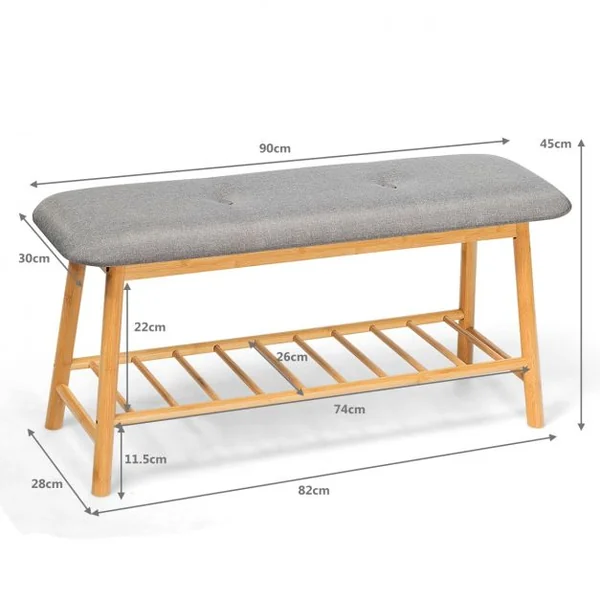Banc à Chaussures Confortable pour Entrée Salon Capacité 150 kg en Bambou et Polyester 90x30x45cm Gris + Naturel