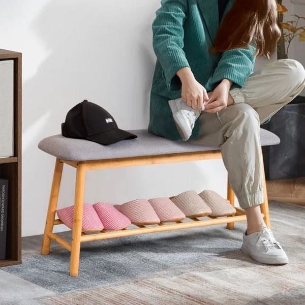 Banc à Chaussures Confortable pour Entrée Salon Capacité 150 kg en Bambou et Polyester 90x30x45cm Gris + Naturel