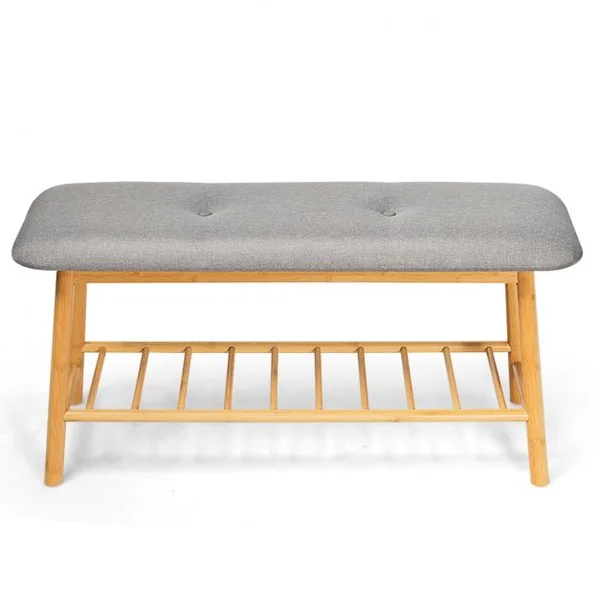 Banc à Chaussures Confortable pour Entrée Salon Capacité 150 kg en Bambou et Polyester 90x30x45cm Gris + Naturel