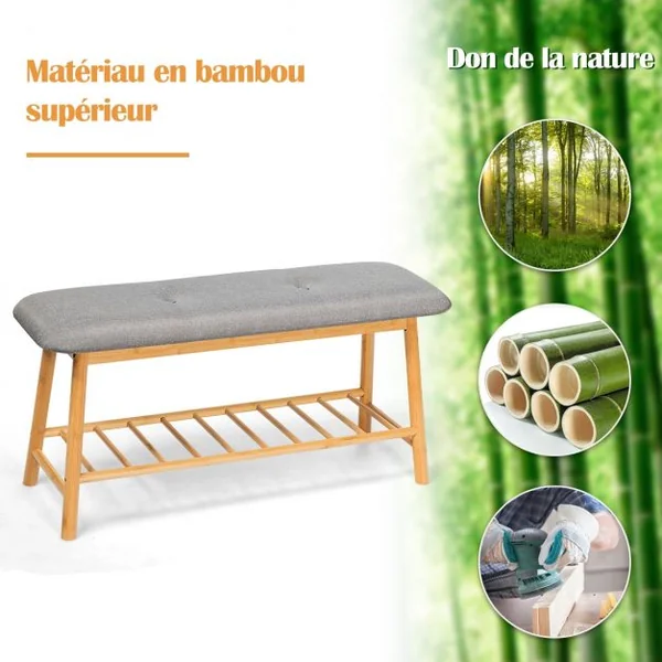 Banc à Chaussures Confortable pour Entrée Salon Capacité 150 kg en Bambou et Polyester 90x30x45cm Gris + Naturel