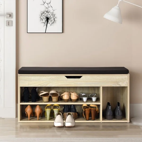 Banc à Chaussures pour 7 Paires 3 Étagères 1 Coffre de Rangement Coussin Amovible, en MDF, 104x30x48cm, Naturel/Blanc/Gris