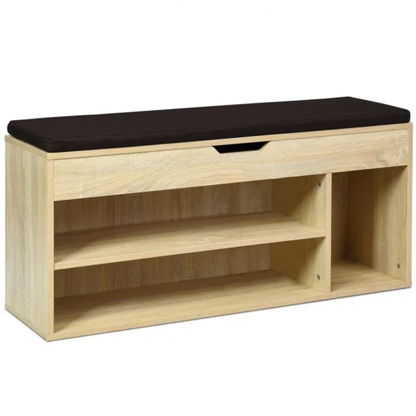 Banc à Chaussures pour 7 Paires 3 Étagères 1 Coffre de Rangement Coussin Amovible, en MDF, 104x30x48cm, Naturel/Blanc/Gris