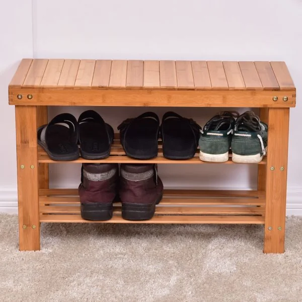 Banc à Chaussures à 3 Niveaux Style Moderne Elégant Etagère à Chaussures Capacité 100kg en Bambou 70x28x45cm Naturel