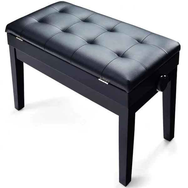 Banc/Tabouret de Piano 2 Places avec Coffre de Rangement Hauteur Réglable en Bois Massif et Fer 75x35x45-54cm Noir