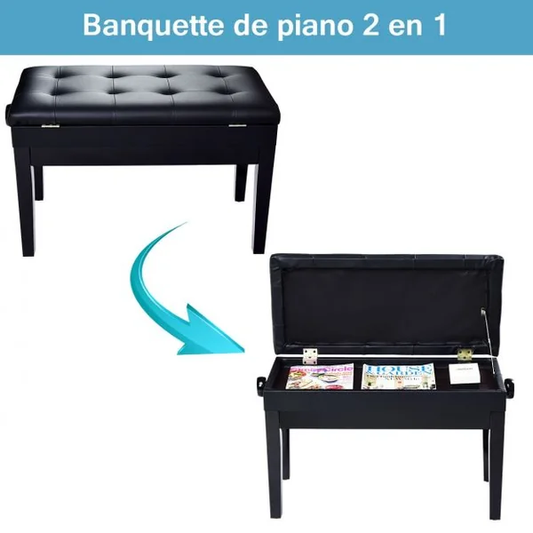 Banc/Tabouret de Piano 2 Places avec Coffre de Rangement Hauteur Réglable en Bois Massif et Fer 75x35x45-54cm Noir