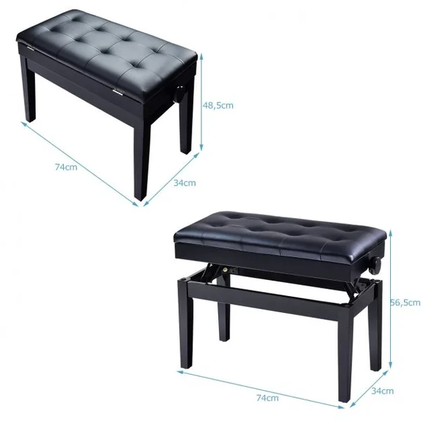 Banc/Tabouret de Piano 2 Places avec Coffre de Rangement Hauteur Réglable en Bois Massif et Fer 75x35x45-54cm Noir