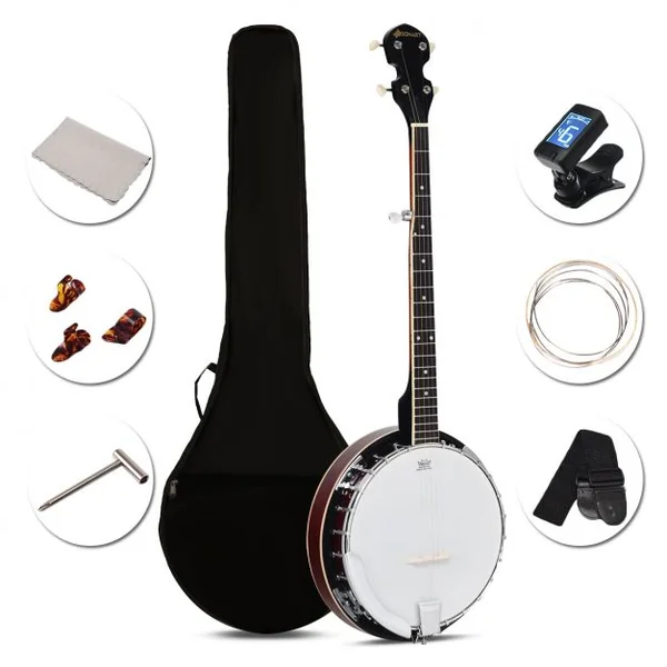 Banjo 5 Cordes 39’’ avec Accessoires Sac à Dos Ensemble de Cordes 24 Supports Réglables en Peau en Remo 335x105x97cm