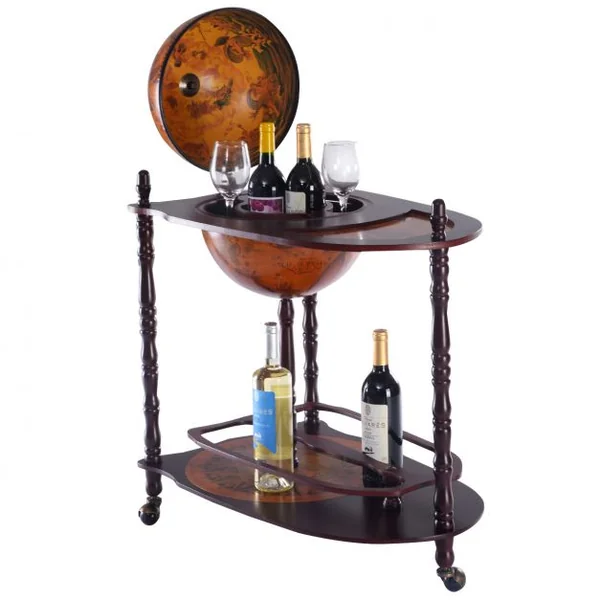 Bar globe terrestre Casier à vin Minibar Etagère en bois Bar roulant avec étagère, Vintage, Rétro, 70x45x89cm, Marron