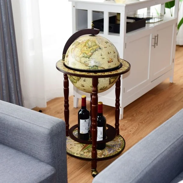 Bar globe terrestre Mappemonde en bois d'eucalyptus Style classique du 16e siècle, à roulettes 44,3x44,3x88cm