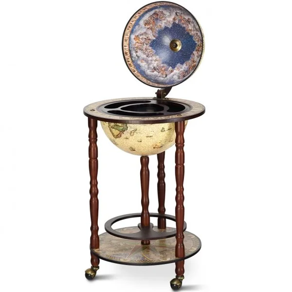 Bar globe terrestre Mappemonde en bois d'eucalyptus Style classique du 16e siècle, à roulettes 44,3x44,3x88cm
