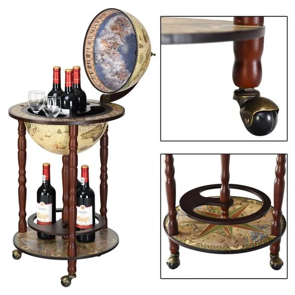 Bar globe terrestre Mappemonde en bois d'eucalyptus Style classique du 16e siècle, à roulettes 44,3x44,3x88cm