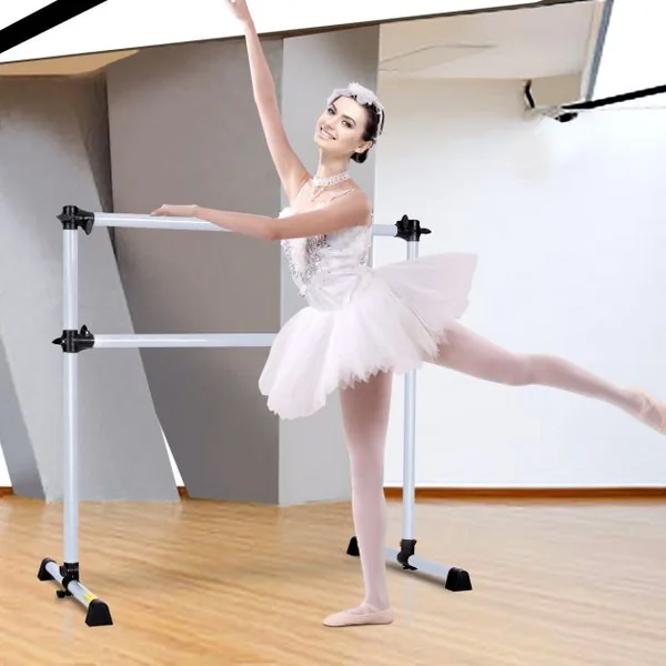 Barre de danse Classique Ballet Barre de danse Double Mobile Hauteur Réglable Tube en Fer, 120x118x71cm, Gris argenté