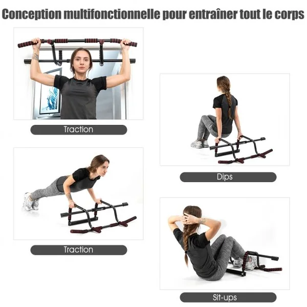 Barre de Traction Murale 6 en 1 Barre de Fitness Fixation avec Poignée en Mousse Capacité 150 Kg 100 X51x25,5cm Noir