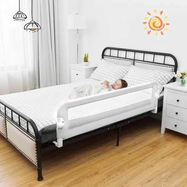 Barrière de Lit 150 CM pour Bébé Maillage Transparent Rabattable Portable Protection Bord de Lit 150x40,5x42cm Blanc