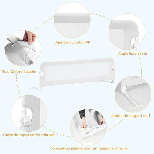 Barrière de Lit 150 CM pour Bébé Maillage Transparent Rabattable Portable Protection Bord de Lit 150x40,5x42cm Blanc