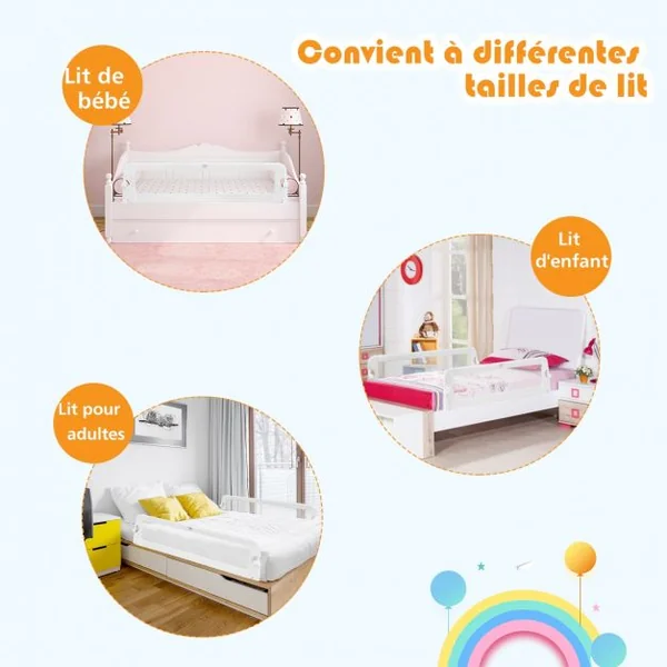 Barrière de Lit 150 CM pour Bébé Maillage Transparent Rabattable Portable Protection Bord de Lit 150x40,5x42cm Blanc