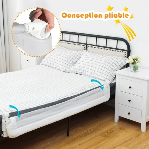 Barrière de Lit 150 CM pour Bébé Maillage Transparent Rabattable Portable Protection Bord de Lit 150x40,5x42cm Blanc
