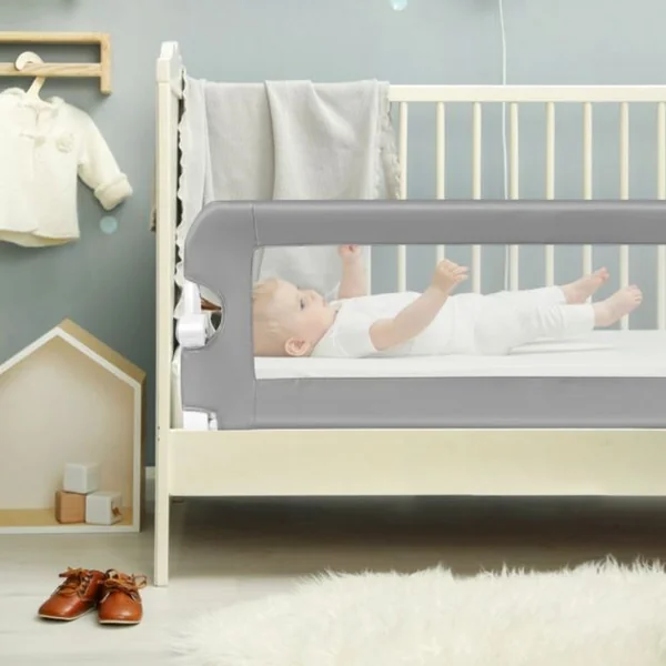 Barrière de Lit 150 CM pour Bébé Maillage Transparent Rabattable Portable Protection Bord de Lit 150x40,5x42cm Gris