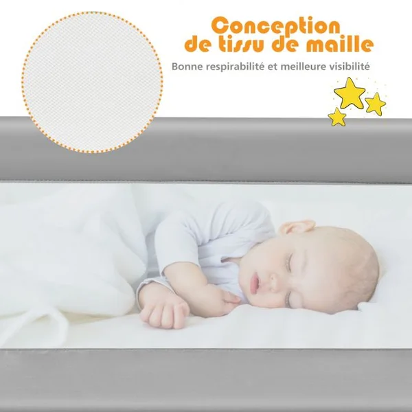 Barrière de Lit 150 CM pour Bébé Maillage Transparent Rabattable Portable Protection Bord de Lit 150x40,5x42cm Gris