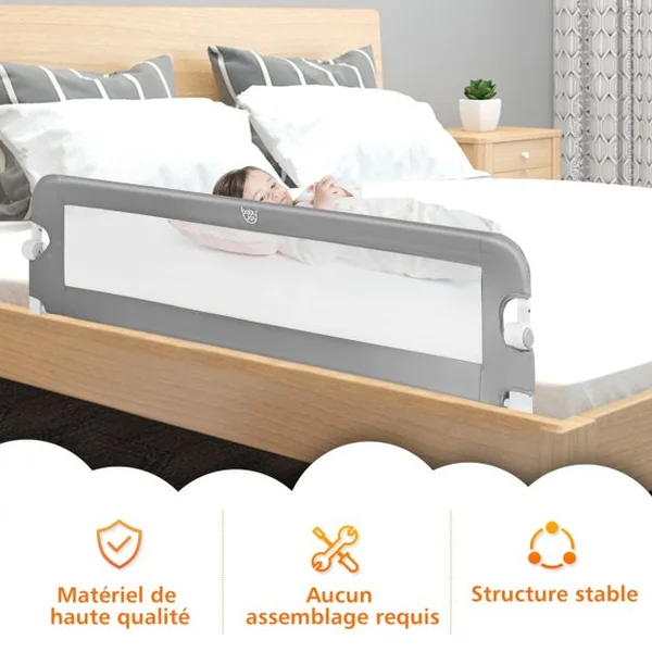 Barrière de Lit 150 CM pour Bébé Maillage Transparent Rabattable Portable Protection Bord de Lit 150x40,5x42cm Gris