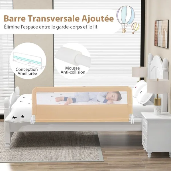 Barrière de Lit Bébé Sûre à Hauteur Ajustable avec Tissu en Maille Durable Ceinture de Fixation Beige
