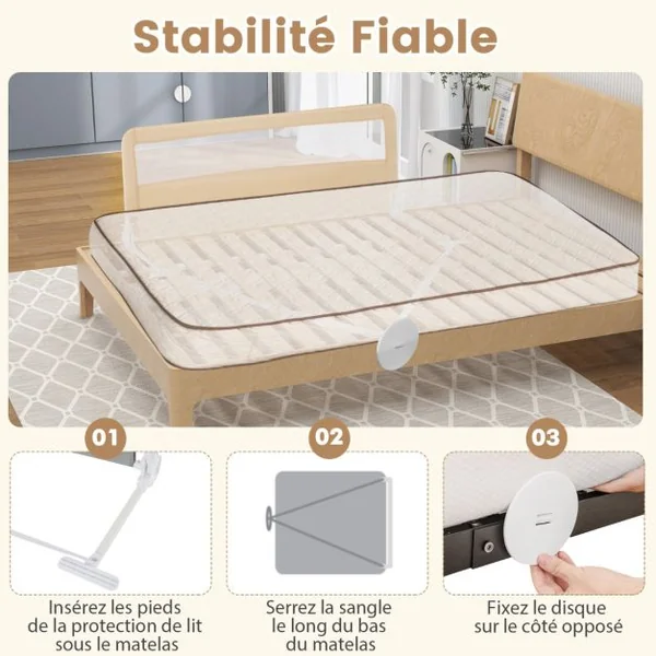 Barrière de Lit Bébé Sûre à Hauteur Ajustable avec Tissu en Maille Durable Ceinture de Fixation Beige