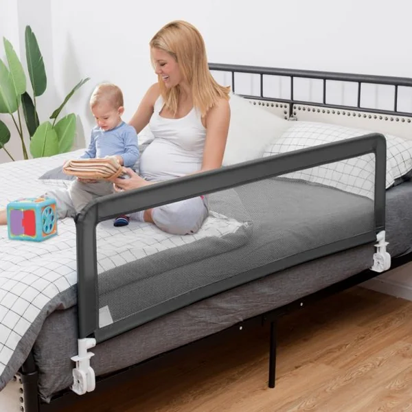 Barrière de Lit Bébé Sûre à Hauteur Ajustable avec Tissu en Maille Durable Ceinture de Fixation Gris