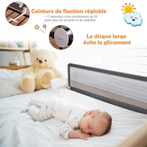 Barrière de Lit Bébé Sûre à Hauteur Ajustable avec Tissu en Maille Durable Ceinture de Fixation Gris
