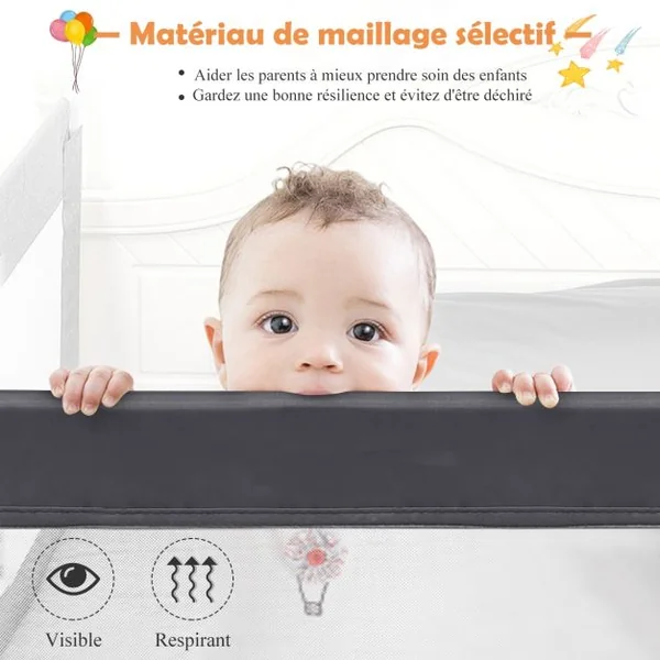 Barrière de Lit Bébé Sûre à Hauteur Ajustable avec Tissu en Maille Durable Ceinture de Fixation Gris