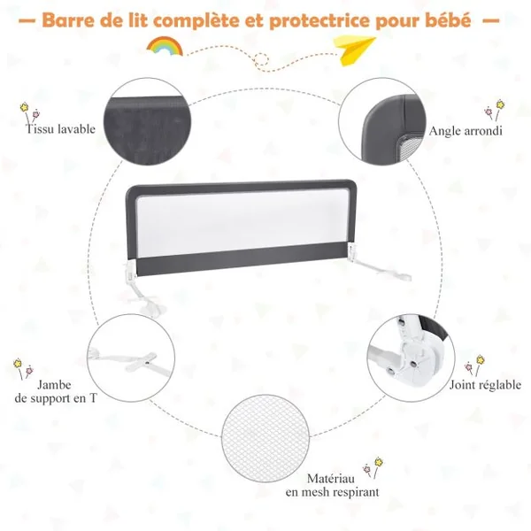 Barrière de Lit Bébé Sûre à Hauteur Ajustable avec Tissu en Maille Durable Ceinture de Fixation Gris