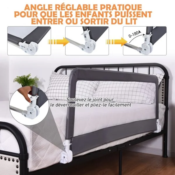 Barrière de Lit Bébé Sûre à Hauteur Ajustable avec Tissu en Maille Durable Ceinture de Fixation Gris