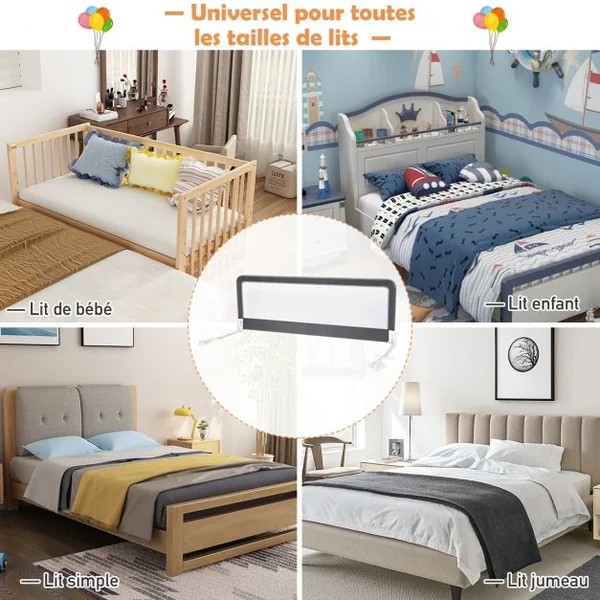 Barrière de Lit Bébé Sûre à Hauteur Ajustable avec Tissu en Maille Durable Ceinture de Fixation Gris