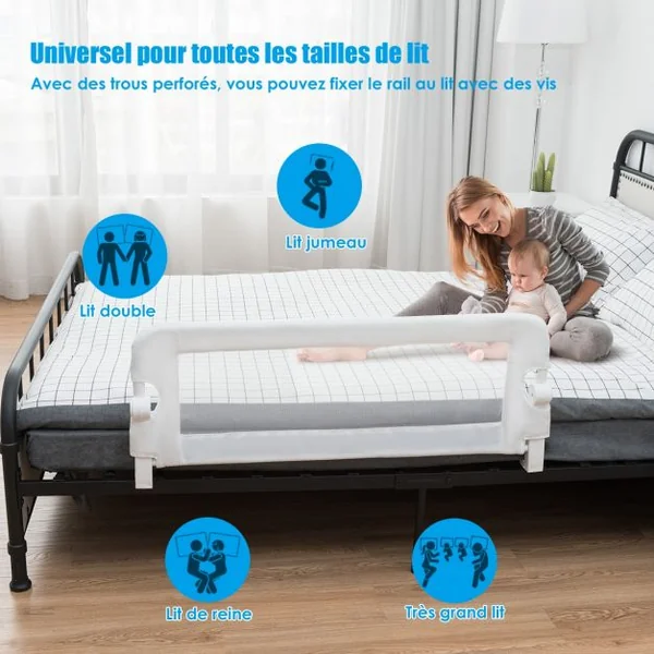 Barrière de Lit Pliable pour Bébé / Enfant Angle 0°-180° avec Mousse Souple en Tissu Oxford Fer PP 105x40x42cm Blanc