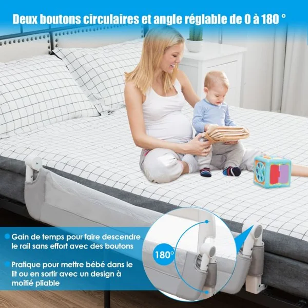 Barrière de Lit Pliable pour Bébé / Enfant Angle 0°-180° avec Mousse Souple en Tissu Oxford Fer PP 105x40x42cm Gris