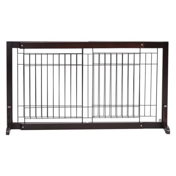 Barrière de porte modulable Barrière de sécurité pour animaux, en bois de pin et fer, 97-161x32x53cm, Marron