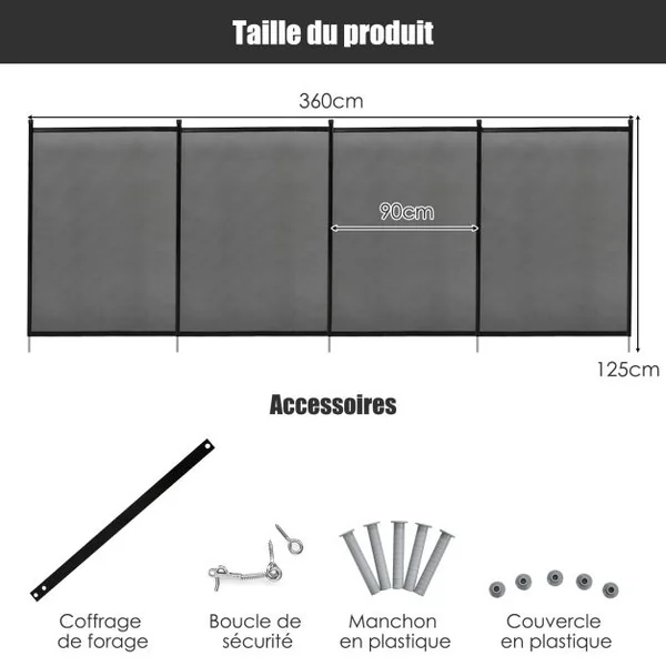 Barrière de Protection pour Piscine Barriere en Maille en Aluminium acier Inoxydable Textilène 90x125cm (L x H) Noir