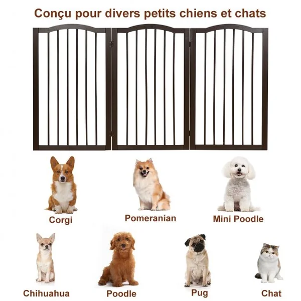 Barrière de Sécurité pour Animaux Barrière pour Chien 3 Panneaux Facile à Installer en Bois de Pin153x2x92cm Marron