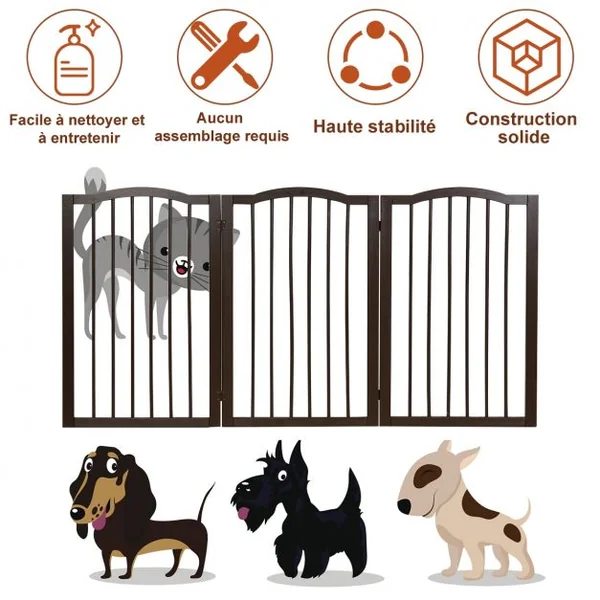 Barrière de Sécurité pour Animaux Barrière pour Chien 3 Panneaux Facile à Installer en Bois de Pin153x2x92cm Marron