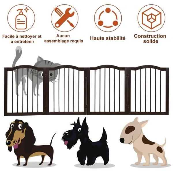 Barrière de Sécurité pour Animaux Barrière pour Chien 4 Panneaux Facile à Installer en Bois de Pin 204x1,7x61cm Marron
