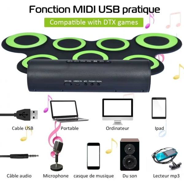 Batterie Electronique Portable à 7 Pads avec 2 Haut-Parleur Roll Up Tambour avec 2 Baguettes Sortie MIDI