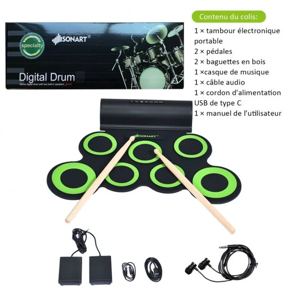 Batterie Electronique Portable à 7 Pads avec 2 Haut-Parleur Roll Up Tambour avec 2 Baguettes Sortie MIDI
