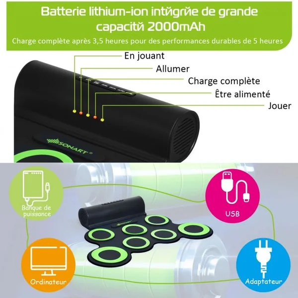 Batterie Electronique Portable à 7 Pads avec 2 Haut-Parleur Roll Up Tambour avec 2 Baguettes Sortie MIDI
