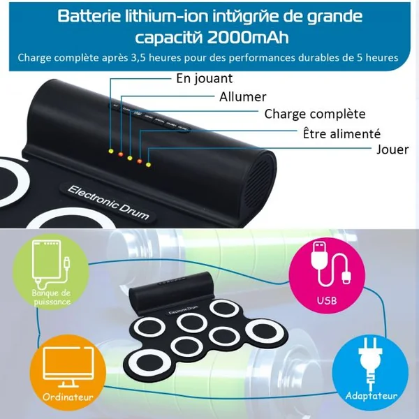 Batterie Electronique Portable à 7 Pads avec 2 Haut-Parleur Roll Up Tambour avec 2 Baguettes Sortie MIDI