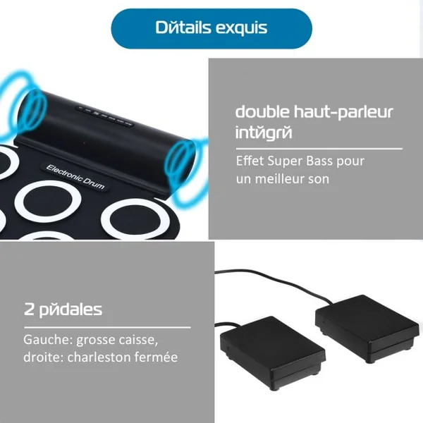 Batterie Electronique Portable à 7 Pads avec 2 Haut-Parleur Roll Up Tambour avec 2 Baguettes Sortie MIDI