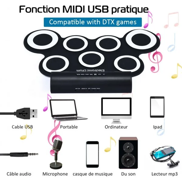 Batterie Electronique Portable à 7 Pads avec 2 Haut-Parleur Roll Up Tambour avec 2 Baguettes Sortie MIDI
